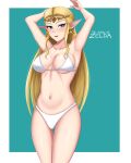  1girl alluring arms_behind_head big_breasts bikini blonde_hair blue_eyes breasts elf female_only high_res legs long_hair nintendo pointy_ears princess princess_zelda sensual smile super_smash_bros_melee swimsuit the_legend_of_zelda thighs white_bikini zelda_(ocarina_of_time) 