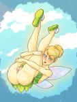 1_girl 1girl anus bare_arms bare_legs bare_shoulders blonde blonde_hair blue_eyes blush disney dress eyebrows_visible_through_hair eyelashes fairy fairy_wings female female_focus female_only female_pubic_hair green_dress hair_bun lipstick long_hair looking_at_viewer nail_polish ninscreations partially_clothed peter_pan pinup pointy_ears pubic_hair pussy shoes solo tagme thick_thighs tied_hair tinker_bell upskirt wide_hips wings