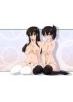  1girl 2_girls akagi_(kantai_collection) asymmetrical_hair black_hair black_legwear blush breast_squeeze breasts brown_eyes cleavage hair_between_eyes kaga_(kantai_collection) kantai_collection long_hair looking_at_viewer mitarashi_kousei multiple_girls navel nipples panties ponytail sandals side_ponytail sitting smile stockings sweatdrop tied_hair underwear wariza white_legwear white_panties white_underwear yokozuwari 