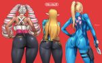 3_girls arms_(game) artist_name ass big_breasts blonde_hair bodysuit bracelet breasts butt_crack crossover curvy dark-skinned_female dark_skin drill_hair earrings english_text female female_only gun height_difference hips holding holding_weapon holster huge_ass jewelry large_breasts light-skinned_female light_skin long_hair metroid multicolored_hair multiple_girls nintendo onomeshin pants pink_hair pointy_ears ponytail princess_zelda red_background samus_aran skin_tight standing the_legend_of_zelda the_legend_of_zelda:_breath_of_the_wild thick_thighs thighs tied_hair twin_drills twin_tails twintelle twintelle_(arms) very_long_hair weapon white_hair wide_hips zero_suit