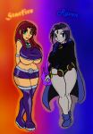 2_girls arms_behind_back belt big_breasts boots breasts cape curvy dc_comics forehead_jewel gem goblinhordestudios grey_skin hourglass_figure huge_breasts legs leotard long_hair looking_at_viewer magic miniskirt multiple_girls orange_skin raven_(dc) short_hair skirt smile starfire teen_titans thick_thighs thigh_high_boots under_boob underboob wide_hips zettai_ryouiki