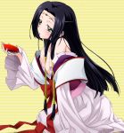  1girl alcohol artist_request bare_shoulders black_hair blush breasts code_geass drunk flat_chest green_eyes japanese_clothes kaguya_sumeragi kimono sake solo sumeragi_kaguya 