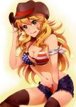  1girl :p american_flag american_flag_bikini bad_id bikini black_legwear blonde_hair boots breasts cleavage cowboy_hat cowgirl cutoffs flag_print green_eyes hat hoshii_miki idolmaster long_hair masaki_(celesta) miki_hoshii navel open_fly shiny shiny_skin short_shorts shorts solo stampede_string star star-shaped_pupils stockings stomach swimsuit symbol-shaped_pupils thigh_boots thighhighs tongue tongue_out unzipped usa western 