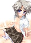  1girl barefoot blue_eyes blush ezomori_nozomu feet flat_chest ichijou_hitoshi kanokon nozomu_ezomori open_clothes open_shirt panties panty_pull shirt short_hair silver_hair skirt solo underwear 