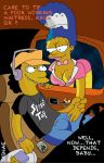  blue_hair breasts disnae english_text hat marge_simpson nipple_slip otto_mann teeth text the_simpsons waitress yellow_skin 