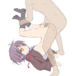  1girl ass bad_id bottomless bukkake buttjob censored cum expressionless facial feet flat_chest footwear hazel_eyes ignoring leg_hold nagato_yuki nnyu penis purple_hair sex shirt_lift short_hair socks solo_focus suzumiya_haruhi_no_yuuutsu sweat the_melancholy_of_haruhi_suzumiya upside-down yellow_eyes yuki_nagato 