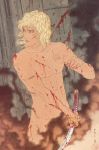  1boy blonde_hair blood cut cuts fire injury katana male male_focus metal_gear metal_gear_(series) metal_gear_solid metal_gear_solid_2 muscle nude raiden smoke solo sword tattoo weapon yamamoto_takato 