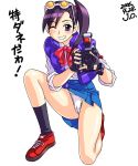  1girl 2006 blush cameltoe camera capcom dated freckles glasses jo_area justice_gakuen kneeling one_eye_closed panties pantyshot pantyshot_(kneeling) ponytail purple_eyes purple_hair ran_hibiki rival_schools school_uniform serafuku shiritsu_justice_gakuen sleeves_rolled_up smile solo underwear white_panties wink 