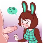  animal_crossing anthro blush bonkoarts carmen_(animal_crossing) clothed_female_nude_male cum_bubble erection flashing foreskin imminent_oral nintendo penis penis_awe precum precum_bubble surprise surprised sweatdrop 