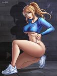 1girl alluring artist_logo bare_legs blonde blonde_hair blue_eyes breasts cleavage female_focus female_only flowerxl hair_ribbon lipstick long_sleeves looking_at_viewer metroid nintendo no_pants panty_pull partially_clothed ponytail red_lipstick samus_aran shadow smile sneakers tennis_shoes thick_lips thick_thighs thighs thong thong_pull tied_hair under_boob underwear