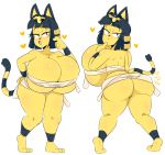 1girl 3_toes animal_crossing ankha ankha_(animal_crossing) anthro ass bandage bedroom_eyes blue_hair breasts cat cat_ears cat_tail cleavage egyptian eyelashes fangs finger_to_mouth fur furry hair_ornament hand_on_hip huge_ass huge_breasts jinu looking_at_viewer looking_back open_mouth paws short_hair simple_background tail thick_thighs thighs toes voluptuous wide_hips yellow_fur