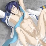 anal blue_eyes blue_hair censored cum cum_in_ass cum_inside cum_on_body cum_on_self cum_while_penetrated kaito male_focus multiple_boys penis saliva scarf sex spread_legs sweat vocaloid yaoi