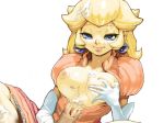  1girl areolae blonde_hair blue_eyes blush breasts cum cum_on_body cum_on_breasts cum_on_upper_body dress earrings elbow_gloves facial gloves jewelry koki koki_(pixiv) koki_(ryoushikiha) large_breasts long_hair mario_(series) nintendo nipples open_clothes open_shirt pink_dress princess_peach shirt smile solo super_mario super_mario_bros. topless white_background 