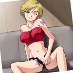 1girl bandeau bandeau_bikini haruyama haruyama_kazunori lowres lupin_iii one_eye_closed pubic_hair rebecca_lambert solo strapless tattoo tms_entertainment tubetop unzip unzipped unzipping wink