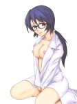 1girl arakawa arakawa_(elfen_lied) blue_eyes blue_hair breasts cosplay elfen_lied female glasses kneeling labcoat long_hair nipples no_bra open_clothes open_shirt ponytail shirt simple_background solo