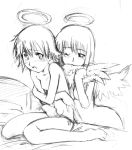 2girls angel_wings barefoot bite biting breasts haibane_renmei halo monochrome multiple_girls nude panties rakka reki side-tie_panties sideboob sketch underwear wingjob wings yuri