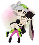 2_girls anal anal_fingering anus ass callie_(splatoon) gold_eyes looking_back marie_(splatoon) merunyaa one_eye_closed pointy_ears pussy splatoon white_background yuri