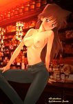 1girl arm_support bar blush breasts denim detective_conan jeans kikumaru_bunta meitantei_conan mouri_ran nipples pants ran_mouri solo topless