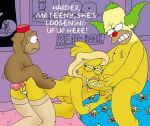  beastiality big_breasts disnae fellatio hanging_breasts krusty_the_clown lois_pennycandy looking_back mmf_threesome monkey mr._teeny oral spitroast the_simpsons threesome vaginal yellow_skin 