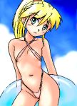  1girl asakura_rin bikini blonde_hair criss-cross_halter flat_chest halter_top halterneck lowres makuraneko_taisa narue_no_sekai oekaki ponytail pretzel_bikini rin_asakura sling_bikini solo swimsuit 