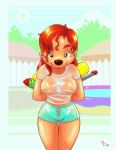 a_goofy_movie disney earrings female_only fence goof_troop joe_randel joe_randel_(artist) pool roxanne roxanne_(goof_troop) see-through smile solo_female water_gun wet wet_t-shirt