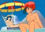 beach_chair beach_umbrella blue_eyes blue_hair breasts dirty_pair erect_nipples kei_(dirty_pair) nipples nude red_eyes red_hair uncensored yuri_(dirty_pair)