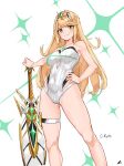  1girl 1girl alluring bare_arms bare_legs big_breasts bikini blonde_hair chest_jewel covered_navel feet_out_of_frame hand_on_own_hip high_res long_hair mythra mythra_(radiant_beach)_(xenoblade) nintendo oliver_koito one-piece_bikini skindentation smile strapless strapless_one-piece_bikini swept_bangs swimsuit sword thigh_strap tiara very_long_hair weapon white_background white_one-piece_bikini xenoblade_(series) xenoblade_chronicles_2 