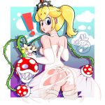 1girl ass blonde_hair blue_eyes clothed dress female female_human gloves long_gloves panties piranha_plant plant princess_peach standing stockings super_mario_bros. torn_dress wardrobe_malfunction