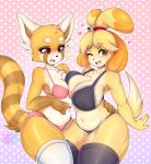 <3 1girl absurd_res aggressive_retsuko ailurid animal_crossing anthro big_breasts blush bodily_fluids bra breast_squish breasts canid canine canis cleavage clothed clothing curvy_figure digital_media_(artwork) domestic_dog dotted_background duo fingers fur furry hair high_res isabelle_(animal_crossing) kitsuumi legwear looking_at_viewer mammal nintendo one_eye_closed open_mouth panties pattern_background red_panda retsuko sanrio shih_tzu simple_background squish sweat thick_thighs toy_dog underwear video_games voluptuous wide_hips wink