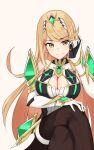 1girl alluring bare_shoulders big_breasts black_pantyhose blonde_hair chest_jewel choker cleavage_cutout clothing_cutout collarbone commentary crossed_legs dress elbow_gloves gloves high_res lace lace_choker long_hair microdress mythra mythra_(massive_melee)_(xenoblade) oliver_koito pantyhose swept_bangs thigh_strap tiara very_long_hair white_dress white_gloves xenoblade_(series) xenoblade_chronicles_2 yellow_eyes