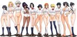 00s 11girls 6+girls ass black_hair bleach blonde_hair blue_eyes blush bottomless bracelet braid breast_suppress breasts cleavage contrapposto crossed_arms dark_skin everyone female footwear full_body girl glasses hair_ribbon hand_on_hip hips inoue_orihime isane_kotetsu ise_nanao jewelry kagami_hirotaka kiyone_kotetsu kneehighs kotetsu_isane kotetsu_kiyone kuchiki_rukia kukaku_shiba kurotsuchi_nemu large_breasts legs_crossed light_skin lineup long_hair looking_back matsumoto_rangiku mole mole_under_mouth multiple_girls navel nemu_kurotsuchi nude_filter one_eye_closed open_clothes open_mouth open_shirt orange_hair photoshop pussy rangiku_matsumoto retsu_unohana ribbon rukia_kuchiki school_uniform serafuku shaved shiba_kuukaku shihouin_yoruichi shirt shoes short_hair silver_hair simple_background single_braid socks soifon sui-feng thighhighs twintails uncensored unohana_retsu very_short_hair watson_cross wink yellow_eyes yoruichi