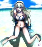 1girl 1girl alluring arm_support artist_name barefoot beach big_breasts bikini breasts cleavage cloud corrin_(fire_emblem) corrin_(fire_emblem)_(female) day fire_emblem fire_emblem_fates kana_(kanakothird) long_hair looking_at_viewer navel nintendo ocean outside partially_submerged pointy_ears shadow side-tie_bikini sitting sky spread_legs swimsuit water white_hair