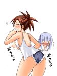  2girls aisaka_sayo asakura_kazumi ass bach blush bouncing_breasts breasts brown_hair cutoff_jeans cutoffs denim denim_shorts hair_ornament hairclip jaw_drop kazumi_asakura mahou_sensei_negima mahou_sensei_negima! multiple_girls negima nipples o_o sayo_aisaka shorts smile thighs 