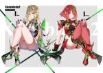 2_girls alluring big_breasts blonde_hair ekitabu_hosii high_res long_hair multiple_girls mythra panties pantyshot pyra red_eyes red_hair short_hair thighs underwear xenoblade_(series) xenoblade_chronicles_2 yellow_eyes