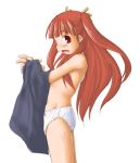  1girl :o anya_cocolova blush flat_chest hair_ribbon kasuga_yukihito long_hair mahou_sensei_negima mahou_sensei_negima! negima open_mouth panties red_eyes red_hair ribbon simple_background solo topless twintails underwear undressing very_long_hair white_panties 