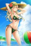  1girl alluring animal arm_behind_head arm_up armpits bad_id bad_pixiv_id ball bangs beach beachball big_breasts bikini bird blonde_hair blush breasts chawa_(sawa) cleavage closed_mouth cloud collarbone corrin_(fire_emblem) corrin_(fire_emblem)_(female) day eyelashes fire_emblem fire_emblem_fates flower front-tie_bikini front-tie_top green_bikini groin hair_between_eyes hairband hand_in_own_hair hat hat_flower hat_ribbon hibiscus high_res long_hair navel nintendo ocean outside pointy_ears red-framed_eyewear red_eyes ribbon shiny shiny_skin side-tie_bikini sky smile standing stomach straw_hat string_bikini summer sunlight swimsuit wading wavy_hair wet 