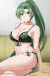  1girl alluring aslind_samure aslindsamure ass bangs bare_shoulders big_breasts bra breasts cleavage couch cute fire_emblem fire_emblem:_the_blazing_blade green_bra green_eyes green_hair green_panties large_breasts long_hair looking_at_viewer lyn lyndis_(fire_emblem) navel panties ponytail side-tie_bikini side-tie_panties sitting smile solo thighs underwear 