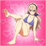 1girl alluring ass bare_arms bare_legs bare_shoulders barefoot bikini black_panties blonde_hair blue_bikini blush breasts cleavage collarbone corrin_(fire_emblem) corrin_(fire_emblem)_(female) feet fire_emblem fire_emblem_fates hairband heart high_res leg_lift legs long_hair looking_at_viewer naked_from_the_waist_down nintendo panties parted_lips partially_visible_vulva pussy red_eyes simple_background sitting smile swimsuit thighs toes underwear yuki_(12cut)