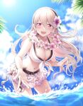  1girl 1girl alluring big_breasts bikini bikini_skirt blonde_hair blue_sky blush bracelet breasts cleavage corrin_(fire_emblem) corrin_(fire_emblem)_(female) day fire_emblem fire_emblem_fates fire_emblem_heroes fire_emblem_if flower flower_necklace front-tie_bikini front-tie_top grey_hair hair_flower hair_ornament hairband hiyori_(rindou66) jewelry leaning_forward navel necklace nintendo official_alternate_costume open_mouth partially_submerged pointy_ears red_eyes sky slit_pupils smile splashing stomach sun sunlight swimsuit water wet white_bikini 