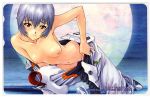 1girl blue_hair blush breasts card card_(medium) moon navel neon_genesis_evangelion nipples no_bra no_panties official_art phonecard plugsuit red_eyes rei_ayanami scan short_hair solo topless undressing utatane_hiroyuki