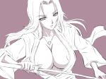  1girl areola areola_slip areolae big_breasts bleach breasts cleavage hair huge_breasts long_hair matsumoto_rangiku monochrome nipples open_clothes open_shirt rangiku_matsumoto shimano_natsume shirt solo sword weapon 