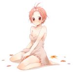  1girl bare_shoulders blush breasts dress flat_chest hair_ribbon hair_ribbons kneeling kuzuryu_momoko kuzuryuu_momoko momoko_kuzuryu nipple_slip nipples pink_hair ribbon ribbons saya_(artist) saya_(sayaz) short_hair simple_background solo strapless strapless_dress sumomomo_momomo white_background 