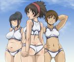  3girls aoi_minamo armpits ass bbw bikini black_hair blush brown_hair butt_crack cameltoe curvy dark_skin hairband happy hips hirokawa_hiroshi hirokawa_kouichirou itou_yukino mikomoto_sayaka minamo_aoi multiple_girls plump rd_sennou_chousashitsu real_drive sayaka_mikomoto short_hair smile sweat swimsuit tomboy wide_hips yukino_itou 