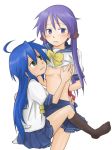 2girls ahoge bad_id bdsm beni_shouga black_kneehighs black_legwear blue_eyes blue_hair blush bondage bound breast_grab breasts footwear grabbing green_eyes hair_ribbon hiiragi_kagami izumi_konata kagami_hiiragi kneehighs konata_izumi long_hair lucky_star midriff mole multiple_girls panties pleated_skirt purple_hair ribbon school_uniform serafuku shirt_lift skirt socks striped striped_panties tsurime twintails underwear yuri