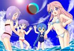  ahoge alternate_hairstyle ball beachball bikini blue_eyes blue_hair braid cloud clouds green_eyes hiiragi_kagami hiiragi_tsukasa izumi_konata kagami_hiiragi konata_izumi long_hair lucky_star miyuki_takara morino_usagi one-piece_swimsuit pink_hair purple_hair school_swimsuit short_hair sky sun swimsuit takara_miyuki tsukasa_hiiragi wardrobe_malfunction water 