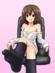 bare_shoulders brown_eyes brown_hair chipa_(arutana) clothes_down feet flat_chest sasaki shirt shirt_down short_hair sitting socks suzumiya_haruhi_no_yuuutsu the_melancholy_of_haruhi_suzumiya