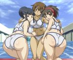  3girls aoi_minamo ass bent_over bikini black_eyes black_hair brown_eyes brown_hair curvy dark_skin green_eyes hairband happu happy hirokawa_kouichirou itou_yukino mikomoto_sayaka minamo_aoi multiple_girls plump pool rd_sennou_chousashitsu real_drive sayaka_mikomoto short_hair smile swimsuit tofu_(artist) tomboy yukino_itou 