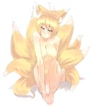 1girl animal_ears bad_id barefoot blonde_hair breasts female fox_ears fox_tail highres kusanagi_kaoru nipples nude pubic_hair ran_yakumo seductive_smile short_hair solo tail touhou yakumo_ran