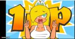 1-up 1_up 1girl blonde_hair breasts collarbone double_v eyebrows koopa koopa_troopa koopa_troopa_girl minus8 nintendo open_mouth score tongue v watermark xvideos