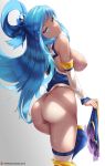 1girl 1girl 1girl aqua_(konosuba) areola ass bare_shoulders big_breasts blue_eyes blue_hair blush breasts detached_sleeves from_behind hair_ornament hair_rings high_resolution holding_skirt kilalesi kono_subarashii_sekai_ni_shukufuku_wo! large_ass large_filesize long_hair looking_at_viewer nipples no_bra nopan sideboob simple_background skirt skirt_removed smile stockings undressing very_high_resolution very_long_hair white_background